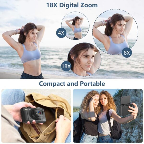 Digital Camera for Photography, 4K Vlogging Camera for YouTube 3" 180° Flip Screen 18X Digital Zoom Compact Retro Cameras with 32GB TF Card & 2 Batteries, Black - Image 7