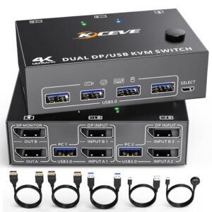 Displayport KVM Switch 2 Monitors 2 Computers, 8K@60Hz 4K@120Hz DP USB 3.0 KVM Switcher for 2 Computers Share 1 Monitor and 4 USB 2.0 Port, Supports Copy and Extend Modes, with Desktop Controller