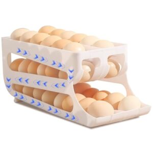 Egg Holder for Fridge, Automatic Rolling Egg Organizer for Refrigerator, Tilted Freshness Egg Dispenser and Storage Bin for Countertop, Kitchen to Saving Space – 2 Layer (White)