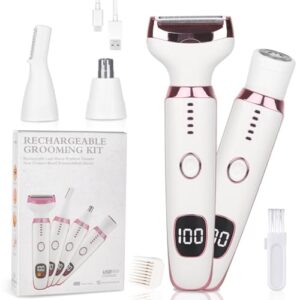 Electric Razors LED Display for Women Men, 2025 Wet/Dry Ladycsdc Shaver,4 in 1 Cordless Hair Remover with IPX7 Waterproof,Smooth & Silky HTYSFTb Electric Grooming Set (Pink & White)