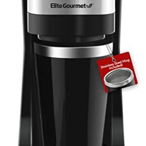 Elite Gourmet EHC114 Personal Single-Serve Compact Coffee Maker Brewer Includes 14Oz. Thermal Travel Mug with Stainless Steel Interior, Compatible with Coffee Grounds, Reusable Filter, Black