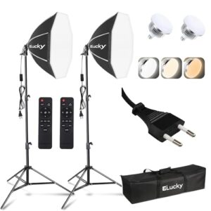 European Standard Plug Needs a Converter to The American Standard on Your own, Softbox Lighting Kit, 2Pcs 20″ Softbox with 3000K-6500K 85W LED Bulbs, Remote & 63″ Tripod Stand, Softbox Photography
