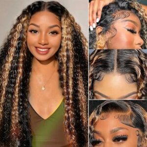 FB/27 Balayage Highlight Lace Front Wig Human Hair,13×6 lace front wigs human hair Pre Plucked 180% Density Deep Wave Wig Ombre Glusless Wigs for Women(28)