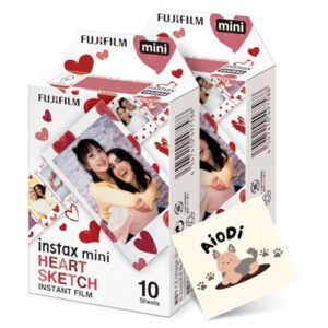 Fujifilm Instax Mini Heart Sketch Instant Camera Film: 20 Shoots Total, (10 Sheets x 2) – Capture Memories Anytime, Anywhere – AIODI Sticker Included