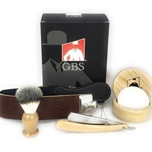 G.B.S Natural Wood Shaving Set with Straight Razor, Synthetic, Shave Brush, Animal Free, Beechwood Shave Bowl and Natural Soap