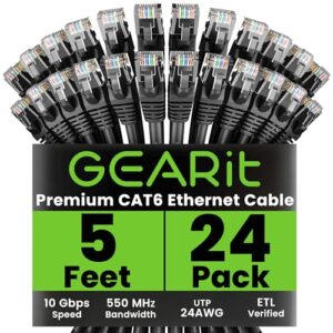 GEARit Cat 6 Ethernet Cable (24-Pack 5 Feet) Cat6 Network Patch, 10Gbps, RJ45, Snagless Cord, Gold-Plated Connectors, Internet for PC, TV, Tablet, Router, Printer, Servers, IT Data Center – Black