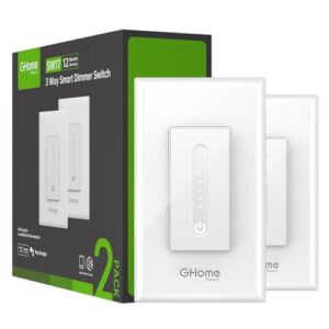 GHome Smart 3 Way Dimmer Switch, 3 Way Smart Switch for Light Compatible with Alexa, Google Assistant, Neutral Wire Needed, 2.4GHz WiFi Light Switch, UL Certified, No Hub Required, White, 2 Pack