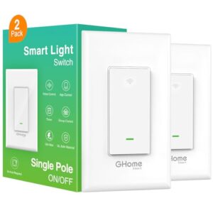 GHome Smart Switch, 2.4Ghz Wi-Fi Switch Works with Alexa, Google Assistant Single-Pole, Neutral Wire Required, UL Certified, Remote/Voice Control and Schedule, No Hub Required, (2 Pack), White