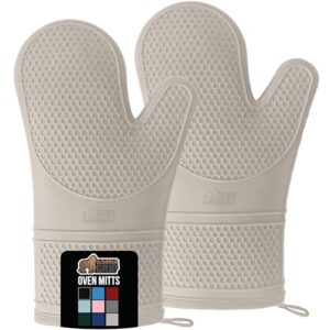 GORILLA GRIP Heat Resistant Durable Silicone Oven Mitts, BPA-Free Protective Grilling Potholders, Soft Cotton Lining, Flexible Waterproof Cooking Mitt Set, Kitchen Home Essentials, 12.5×8.3, Almond
