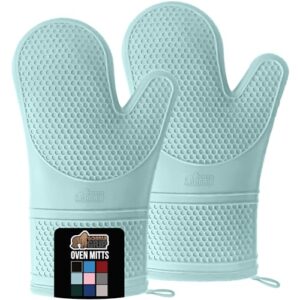 GORILLA GRIP Heat Resistant Durable Silicone Oven Mitts, BPA-Free Protective Grilling Potholders, Soft Cotton Lining, Flexible Waterproof Cooking Mitt Set, Kitchen Home Essentials, 12.5×8.3, Mint
