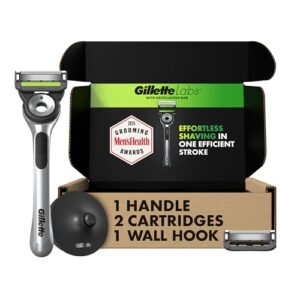 Gillette Labs with Exfoliating Bar by Men’s Razor Set, 1 Shower Hook, Handle, 2 Blade Refills, Silver and Black, Razors for Men, Mens