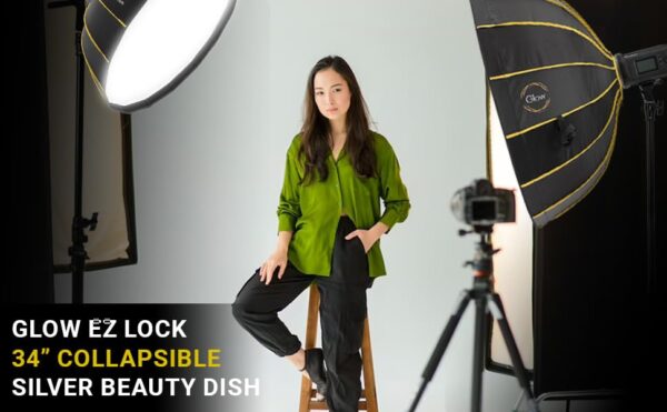 Glow EZ Lock 34" Collapsible Silver Beauty Dish Softbox w/Bowens Mount Speedring and Deflection Disk, 16 Ribbed Design Soft Box w/Silver Interior for Perfect Lighting and Beauty Dish Photography - Image 8