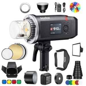 Godox AD600BM II 2025 Godox AD600BM Bowens Mount 600Ws GN87 HSS Outdoor Flash Strobe,1/8000s HSS Speedlite Monolight 40W Modeling Light with 32″x32″ Softbox, Standard Reflector, Snoot, Barn Door Kit