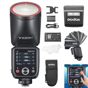 Godox V100-C Camera Flash for Canon,100Ws TTL Round Head Speedlite,400-Full-Power-Flashes,1.7s Recycle Time,Touch Screen 2.4G Wireless X System for Canon EOS R10 R8 R7 R6 R6 Mark II R5