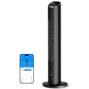 GoveeLife Black Tower Fan for Bedroom, 36″ Smart Floor Fan with App/Voice Control, Temperature Sensor, 5 Modes 8 Speeds(25ft/s), 29dB Quiet Oscillating Fan for Office, 24H Timer, Auto Cooling
