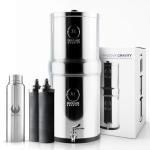 Gravity Water Filter System – 3.25 Gallons – NSF Certified – AISI 304 Stainless Steel Countertop Water Filter System with 2 Smart (Black) Carbon Filter Elements & Free Stainless Steel Water Spigot