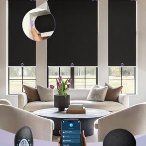Graywind No Drill No Tools Smart Roller Shades, Compatible with Alexa/Google, Remote/App Control, Solar-Powered Blackout Blinds for Indoor Windows, Custom Size (Blackout Fabric Series)