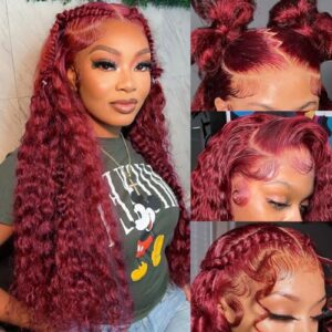 Hedy 13×6 99J Burgundy Deep Wave Lace Front Wigs Human Hair Pre Plucked with Natural Hairline Glueless Brazilian Human Hair HD Transparent Full Lace Frontal Wigs 180% Density Wine Red Wig 26 Inch