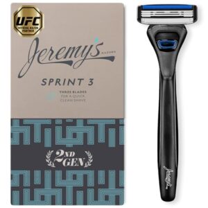 Jeremy’s Razors for Men: Sprint 3 Blade Razor – Stainless Blades, Lubricating Strip, Precision Trimmer – Men’s Shaving Essentials Kit, Travel Shaver Face Body Head Shavers (1 Razor 1 Cartridge)