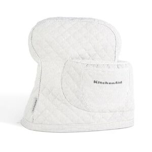 KITCHENAID Fitted Tilt-Head Stand Mixer Cover with Storage Pocket, Quilted 100% Cotton,14.4″x18″x10″, Ticking Stripe Charcoal Grey