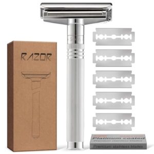 KOBAYA Men’s Double Edge Safety Razor, Metal Shaving Razor with 5 Stainless Blades, 360° Smooth Shave, Adjustable Sensitive Skin Setting,Eco-Friendly,Close Shaving-Silver