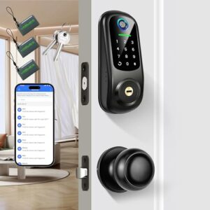 Keyless Entry Door Lock with Handle, Fingerprint Deadbolt Door Lock, Smart Door Locks for Front Door, Bluetooth Electronic Digital Keypad Lock, Easy to Install, Black