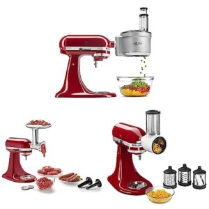 KitchenAid KSM2FPA Food Processor Attachment, Dicing Kit, Silver & KitchenAid KSMMGA Metal Food Grinder Attachment, Silver & KitchenAid Fresh Prep Slicer/Shredder Attachment, White