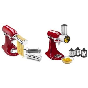 KitchenAid KSMPRA Stand Mixer Attachment Pasta Roller & Cutter, 3-Piece Set, Stainless Steel & Fresh Prep Slicer/Shredder, 1, White