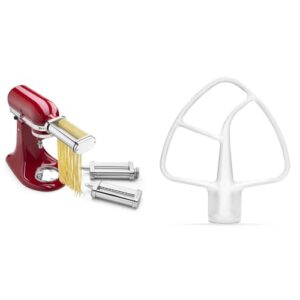 KitchenAid KSMPRA Stand Mixer Attachment Pasta Roller & Cutter, 3-Piece Set, Stainless Steel & K45B Coated Flat Beater, White, 4.5 Qt