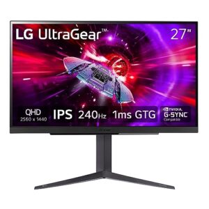 LG 27″ UltraGear QHD (2560×1440) Gaming Monitor, 240Hz, 1ms, VESA DisplayHDR 400, G-SYNC and AMD FreeSync Premium, HDMI 2.1, DisplayPort, 4-Pole HP Out DTS HP:X, Tilt/Height/Pivot Stand, Black