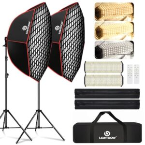 Light Box Photography Lighting Kit:2-Pack 37″ Octa Softbox,Honeycomb Grid,110W LED Lamps,RC,Tripod Stands for Studio Light,Video Recording,Portraits,Model/Food/Pet/Baby/Product Shoots & Live Streaming