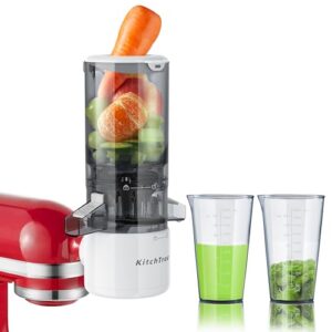 Masticating Juicer Attachment for KitchenAid Stand Mixer, 4.2″ Large Feed Chute Fit Whole Vegetables & Fruits, Slow Cold Press Juicing, Includes 2 * 28oz capacity cups and blade replacement