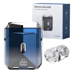 Mecha-Style Mini Shaver,2025 Ultimate Portable Electric Razor for Men,IPX7 Waterproof Wet & Dry Shaver with LCD Display,Rechargeable Cordless Razor for Home Office & Travel (Blue & 1 Extra Blade)