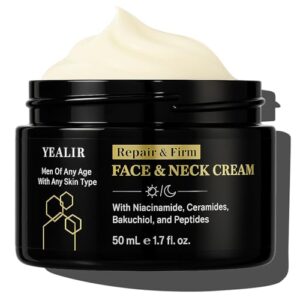 Mens Face & Neck Moisturizer Cream, Firming, Lifting & Anti-Aging Cream with Peptides, Bakuchiol, Niacinamide & Ceramides, Oil-Free Formula, After Shave Care, Day & Night Use, 1.7 Fl Oz
