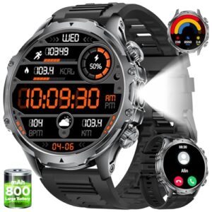 Military Smart Watch for Men,1.85″ HD/800mAh Battery Smart Watches with LED Flashlight for Android iOS (Bluetooth Call Answer/Calls)Fitness Tracker with Heart Rate/Sleep Tracking/Blood Oxygen Silicone