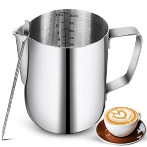 Milk Frothing Pitchers-12oz/350ML Stainless Steel Steaming Pitchers, Scale Coffee/Milk/Cappuccino/Latte Art Barista Steam Pitchers, Milk Jug Cup with Decorating Pen-Silver