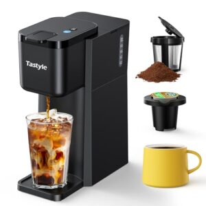 Mini Hot and Iced Coffee Maker Single Serve, for K Cup and Ground, 6 to 14 Oz Brew Sizes, with Recipe Book, for Home, Travel, RV, Office and Dorm, Classic Black (2.0 Version)