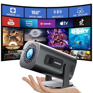 Mini Projector with WiFi and Bluetooth, 180°Adjustable Stand Smart Projector, 150″ Portable Projector with Android TV 11.0, 2.4G/5G, Native 1080P, 300 ANSI Auto Keyston Outdoor/Home Movie, Iron Grey