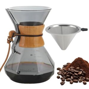 Mongdio 27 Oz Pour Over Coffee Maker with Stainless Steel Filter and Wooden Collar Holder, Borosilicate Glass Coffee Maker for Camping Home, 800ML/27OZ, Gray