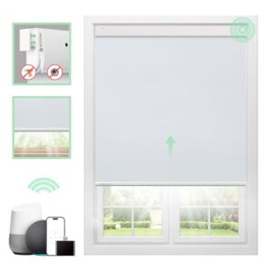 Motorized 100% Blackout Roller Window Shades【Cordless No Drill Easy to Install】 Customized Size Fabric Material Automatic Electric Blinds Remote Control Smart Alexa Privacy White 23″ W x 72H