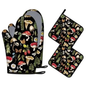 Mushroom Oven Mitts and Pot Holders Sets of 4 Heat Resistant Silicone Oven Mitts Gloves Non-Slip Kitchen Mittens Potholders for Cooking Baking Grilling BBQ
