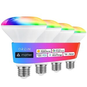 OREiN Matter Smart Light Bulb, BR30 Smart Light Bulbs 650LM 60W, Recessed Color Changing Bulbs RGBTW, Smart Flood Light Bulb Compatible with Alexa, Apple Home, Google Home, SmartThings, 4Pack