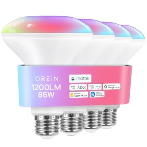 OREiN Matter Smart Light Bulb,1200 Lumens BR30 Smart Flood Light Bulbs Work with Alexa, Apple Home, Google Home, SmartThings, Color Changing Light Bulbs 2.4Ghz WiFi, 85W 4Pack