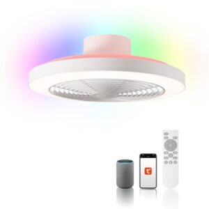 Orison Smart Bladeless Low Profile Ceiling Fan with LED-RGB Ambient Lighting Compatible with Alexa/Google Assistant/App Control, 6-Speed Color Change, Quiet Operation with Remote &App,19.7″ (White)