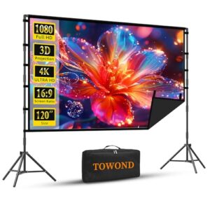 Outdoor Projector Screen with Stand, TOWOND 120 inch Portable Projector Screen Black Backing, Indoor Projection Screen 16:9 4K HD Wrinkle-Free Movie Screen with Carry Bag for Backyard Movie Night