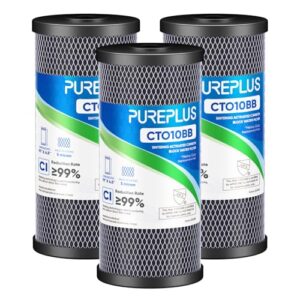 PUREPLUS Coconut Shell Water Filter Cartridge | Activated Carbon Block CTO | Universal Whole House 5 Micron 10 inch Cartridge | Compatible with WFHDC8001, CB-BB-10, EPM, EP-BB, 3Pack