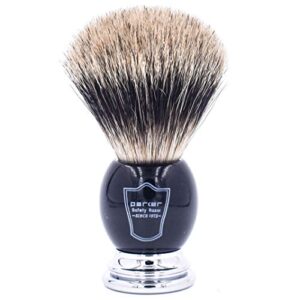 Parker Premium 3 Band Pure Badger Shaving Brush with Stand Included – Packaged in a Gift Box – Generate a Thick & Luxurious Lather with Your Favorite Shave Soap – Black & Chrome Handle