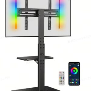 Perlegear Floor TV Stand with LED Light for 32”-75″ TVs, Tall TV Stand with Swivel and Tilt, 12 Height Levels TV Mount Stand, Solid Wood Base up to 110 lbs for Living Room, Max VESA 600x400mm, PGFS21B