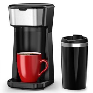Personal Single Serve Coffee Maker – Quick Brew with Grounds and Tea Bags (Not Compatible with K-Cups), Includes 14oz Travel Mug, One-Touch Operation