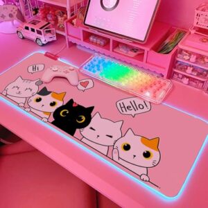 Pink Kawaii Cat RGB Gaming Mouse Pad 31.5×12 Inch PC XL Large Extended Glowing Led Light Up Cool Mouse pad Desk Pad Non-Slip Rubber Jmiyav Computer Mouse Pad Cute Mousepad Mat 31.5×12 Inch